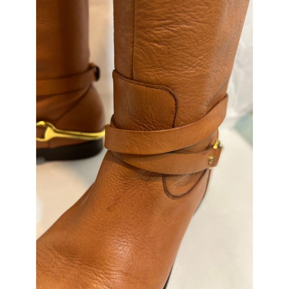 Ralph Lauren Jenny Tall Equestrian Gold Stirrup Cognac Leather Boots Size 6B - Picture 10 of 14